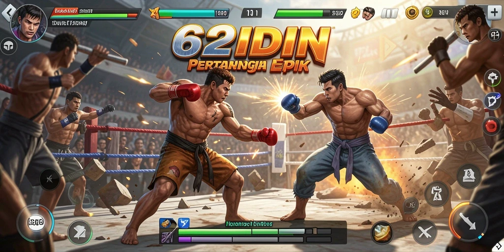 Screenshot utama 62IDN menampilkan karakter bertarung dalam aksi yang mendebarkan.