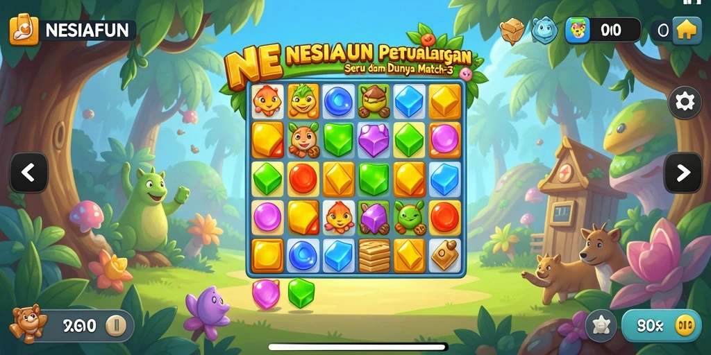 Screenshot menampilkan aksi seru dan gameplay match-3 di NESIAFUN.