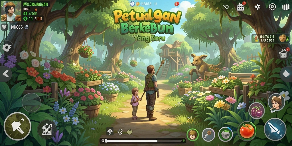 Tampilan gameplay NK666 dengan kebun yang penuh warna dan hewan ternak.