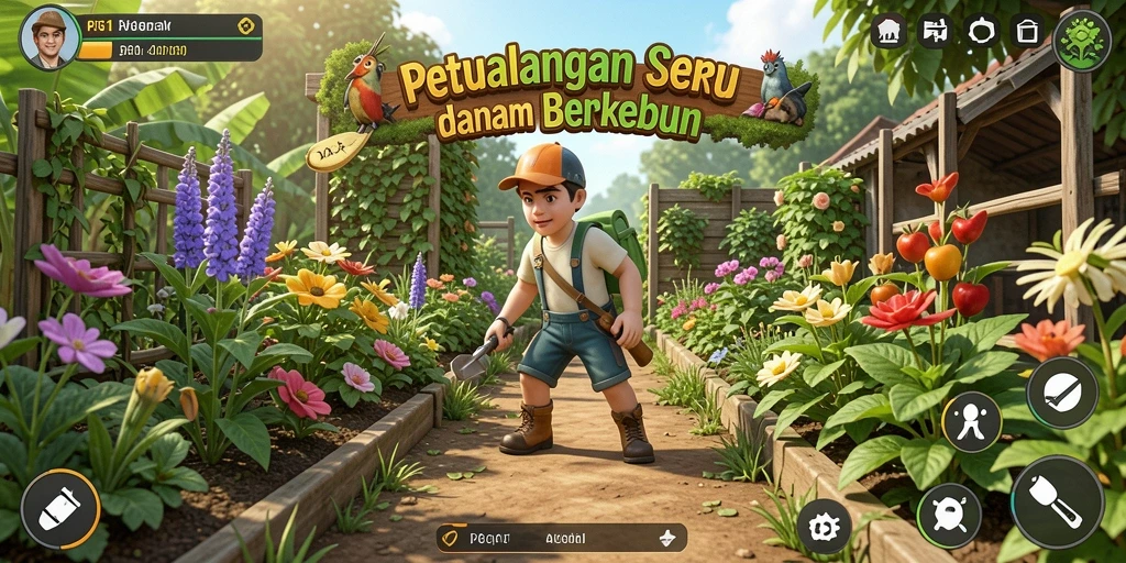 Screenshot PG11 menampilkan ladang yang subur dengan tanaman beragam dan suasana cerah.