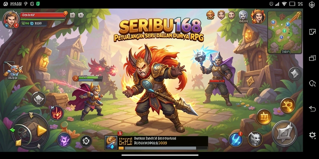 Screenshot gameplay SERIBU168 menunjukkan pertarungan epik dengan karakter yang kuat.