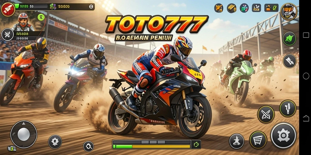 Screenshot gameplay TOTO777, menampilkan balapan motor yang mendebarkan.